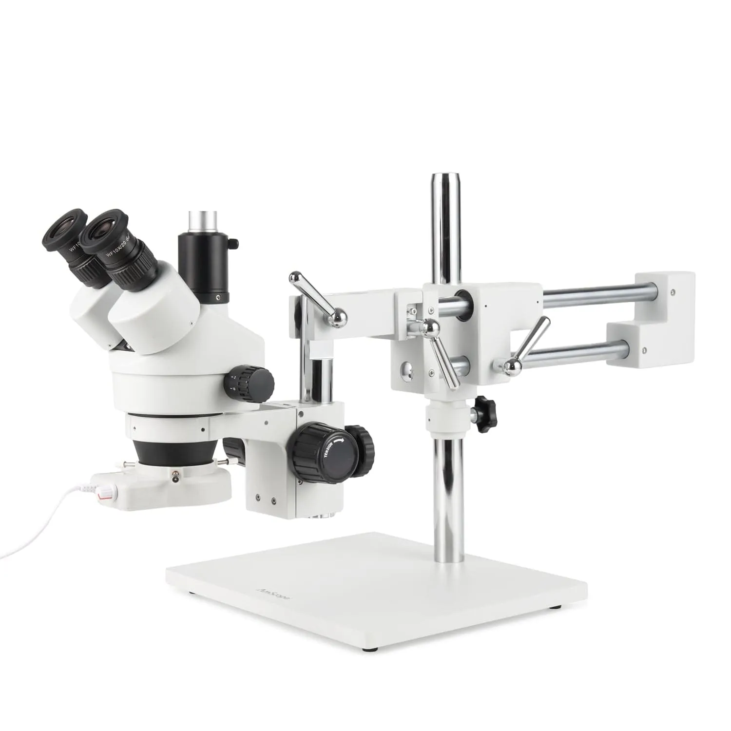 AmScope Zoom Trinocular Stereo Microscope 7X-45X Magnification Range, SM-4 Series on Double Arm Boom Stand   70-LED Ring Light   Optional 4K Camera