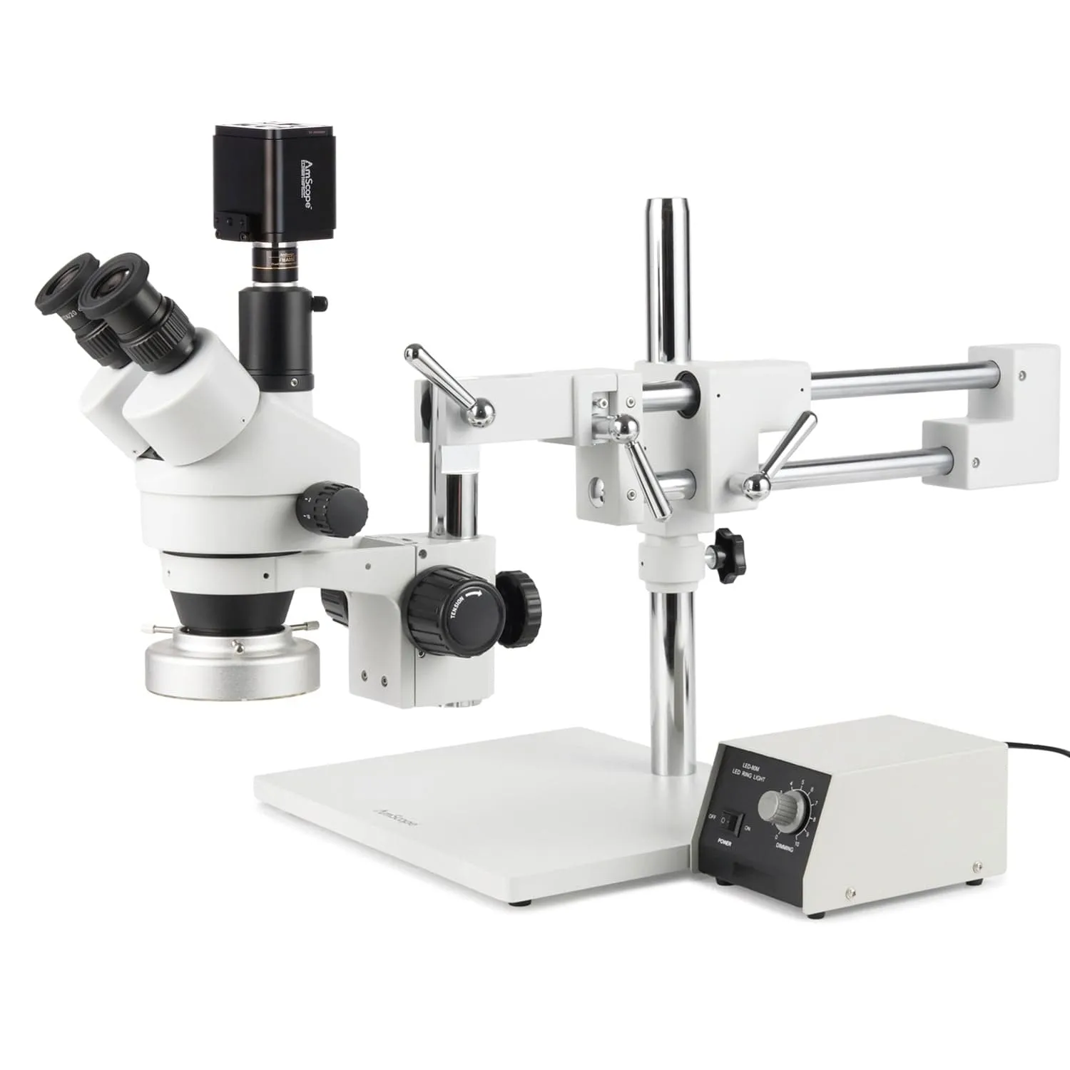 AmScope Zoom Trinocular Stereo Microscope 7X-45X Magnification Range, SM-4 Series on Double Arm Boom Stand   80-LED Ring Light   Optional 4K Camera