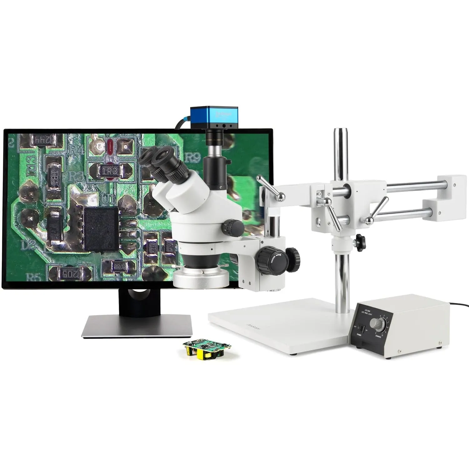 AmScope Zoom Trinocular Stereo Microscope 7X-45X Magnification Range, SM-4 Series on Double Arm Boom Stand   80-LED Ring Light   Optional 4K Camera