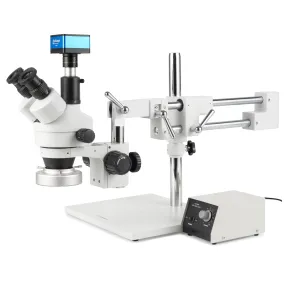 AmScope Zoom Trinocular Stereo Microscope 7X-45X Magnification Range, SM-4 Series on Double Arm Boom Stand   80-LED Ring Light   Optional 4K Camera