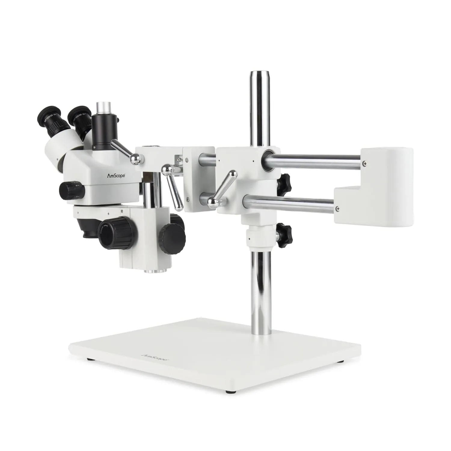 AmScope Zoom Trinocular Stereo Microscope 7X-45X Magnification Range, SM-4 Series on Double Arm Boom Stand   80-LED Ring Light   Optional 4K Camera