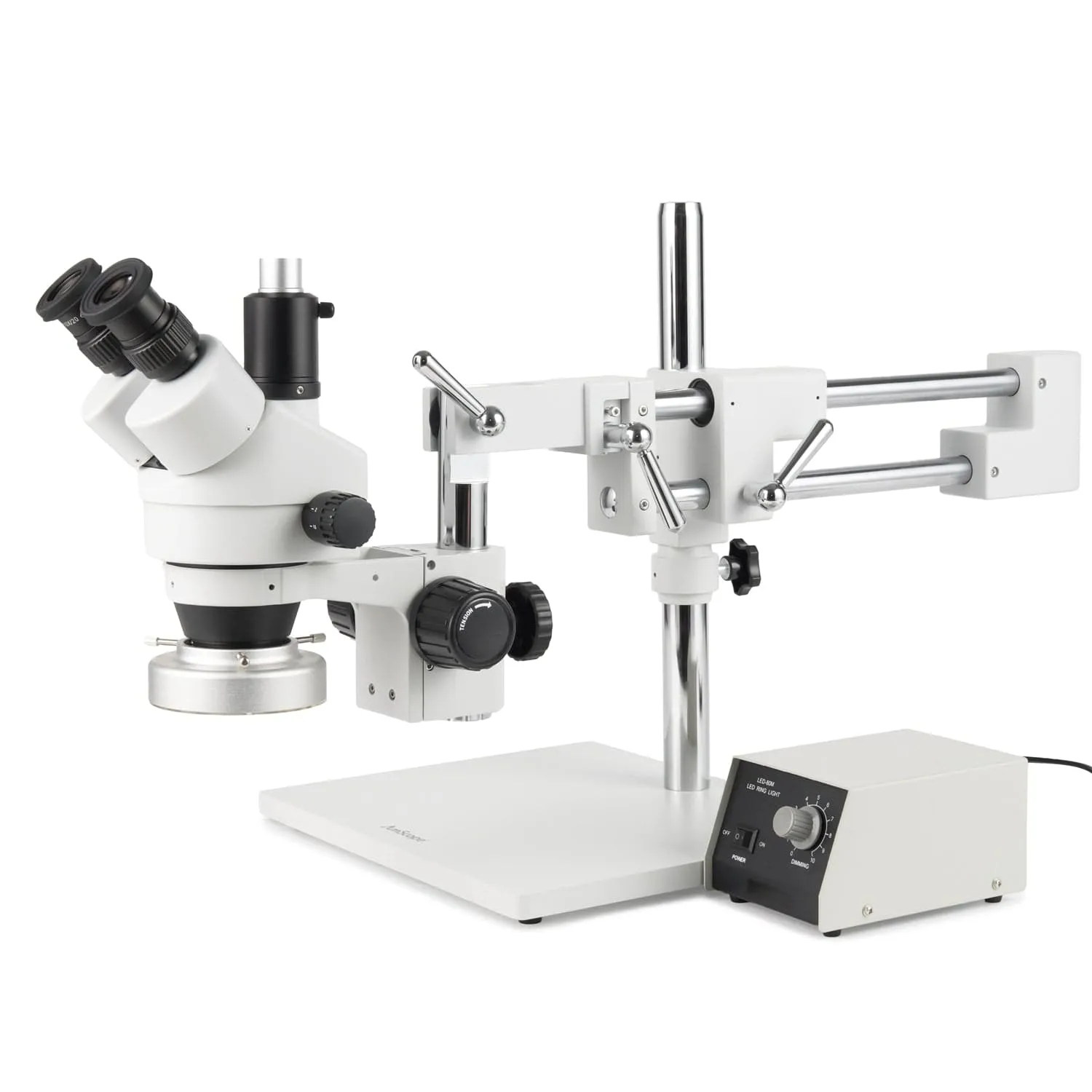 AmScope Zoom Trinocular Stereo Microscope 7X-45X Magnification Range, SM-4 Series on Double Arm Boom Stand   80-LED Ring Light   Optional 4K Camera