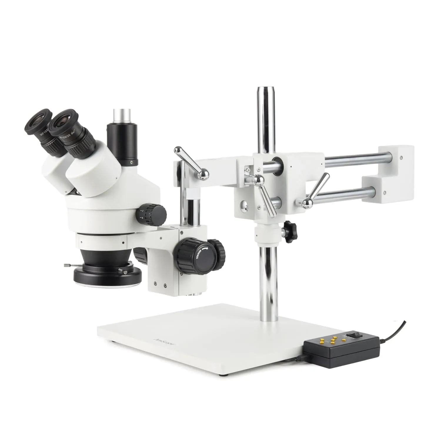 AmScope Zoom Trinocular Stereo Microscope 7X-45X Magnification Range, SM-4 Series on Double Arm Boom Stand   Four-Zone 144-LED Ring Light   Optional 4K Camera