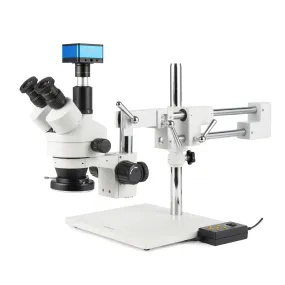 AmScope Zoom Trinocular Stereo Microscope 7X-45X Magnification Range, SM-4 Series on Double Arm Boom Stand   Four-Zone 144-LED Ring Light   Optional 4K Camera