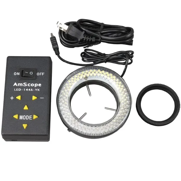 AmScope Zoom Trinocular Stereo Microscope 7X-45X Magnification Range, SM-4 Series on Double Arm Boom Stand   Four-Zone 144-LED Ring Light   Optional 4K Camera