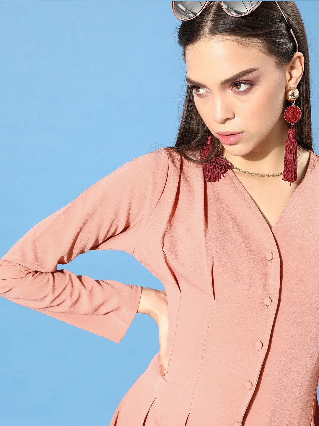 Berrylush Women Solid Peach Front Button Crepe Shirt Mini Dress