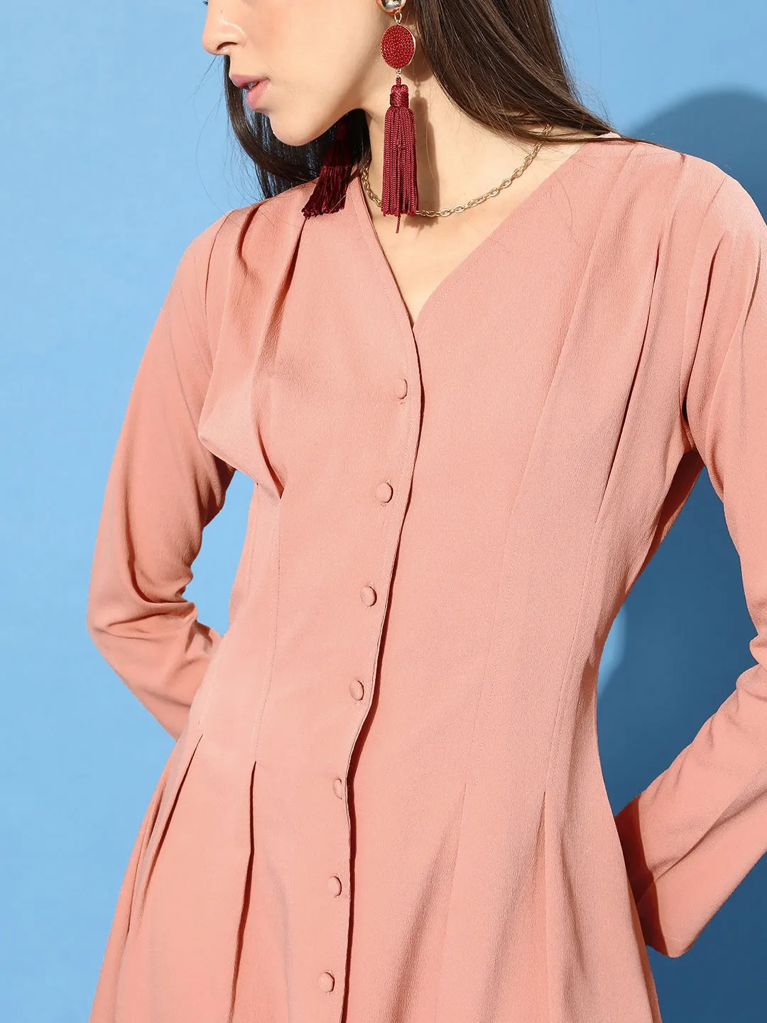 Berrylush Women Solid Peach Front Button Crepe Shirt Mini Dress