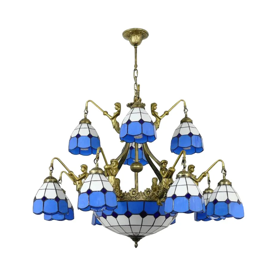 Blue Tiffany Grid Ceiling Chandelier with 9/13 Cut Glass Lights