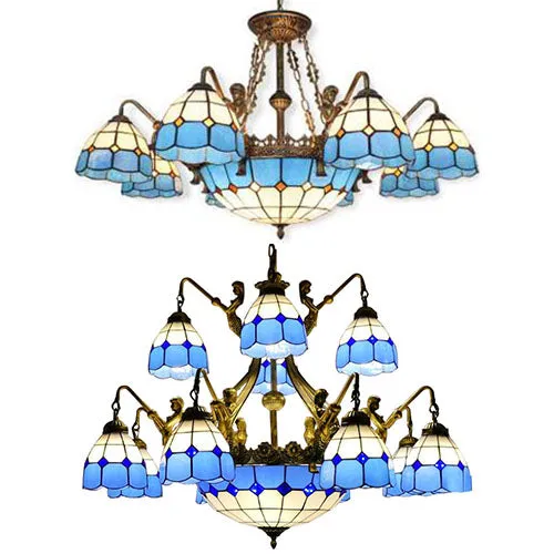 Blue Tiffany Grid Ceiling Chandelier with 9/13 Cut Glass Lights