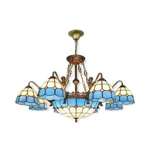 Blue Tiffany Grid Ceiling Chandelier with 9/13 Cut Glass Lights