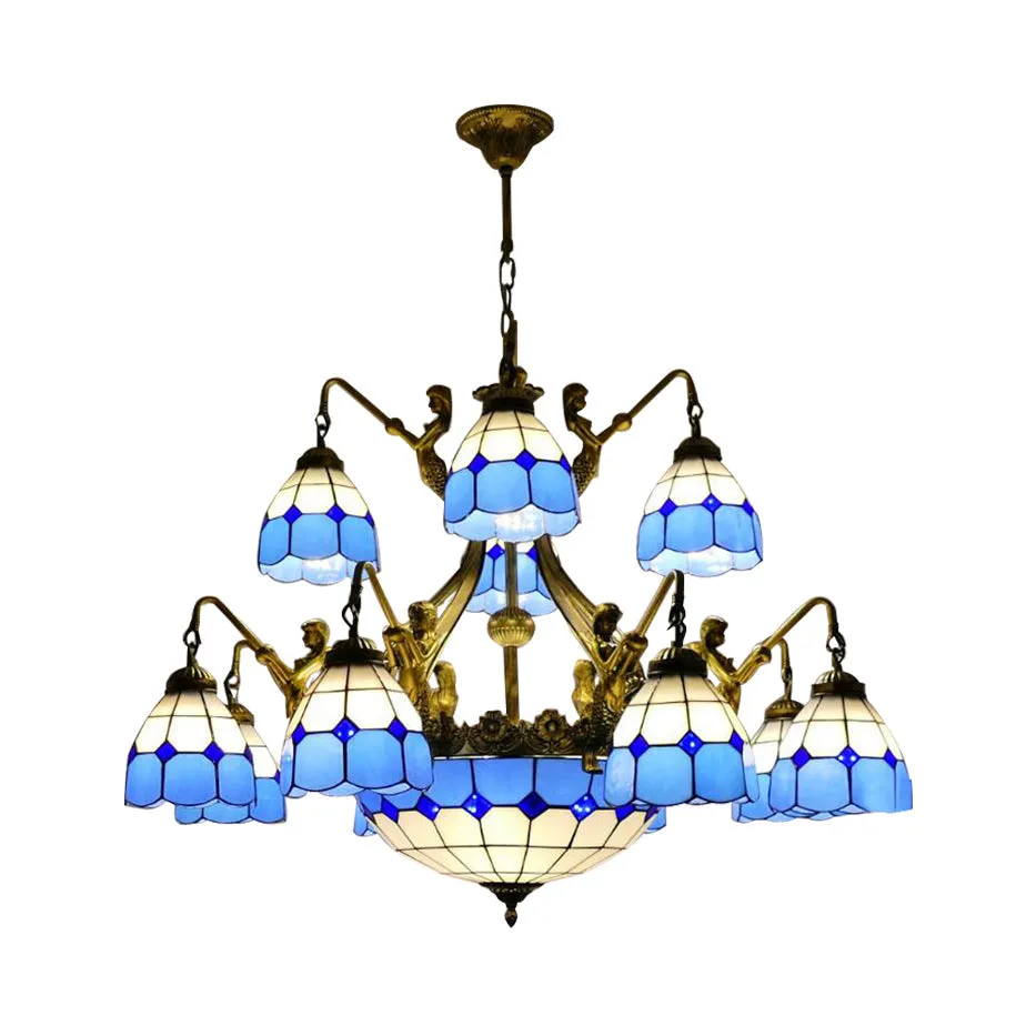 Blue Tiffany Grid Ceiling Chandelier with 9/13 Cut Glass Lights