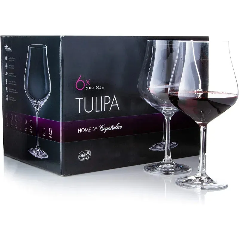 Bohemia Tulipia Wine Glass Clear Lead Free Crystal Glassware | Set of 6 | 3 x 9 inches | 600ml