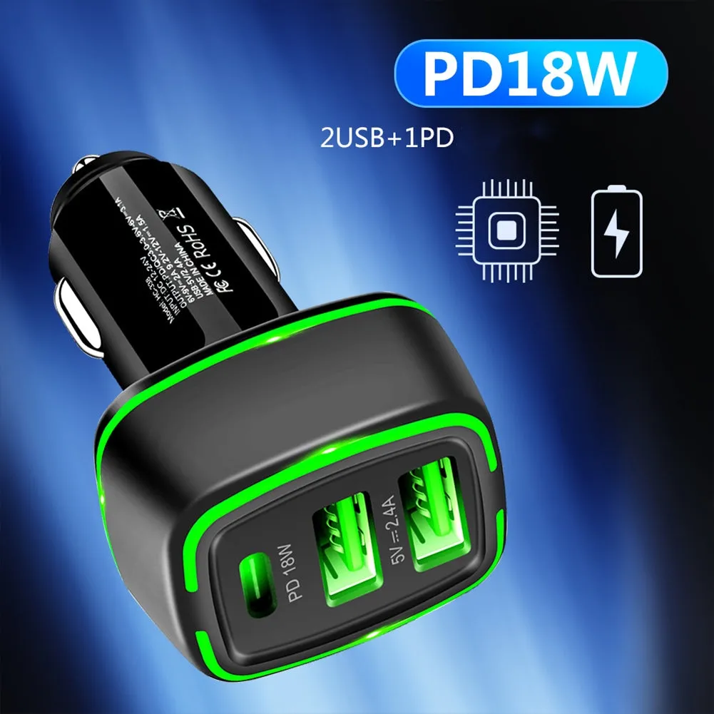 Car Qc3.0 pd 18w Fast Charging Car Charger 3 In 1 Type-c