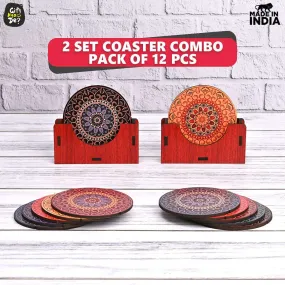 Coaster Set of 12 Beautiful Wooden Coasters with Proper Coaster Stand (Combo Pack) (12 pc 3.5 x 3.5 inch)