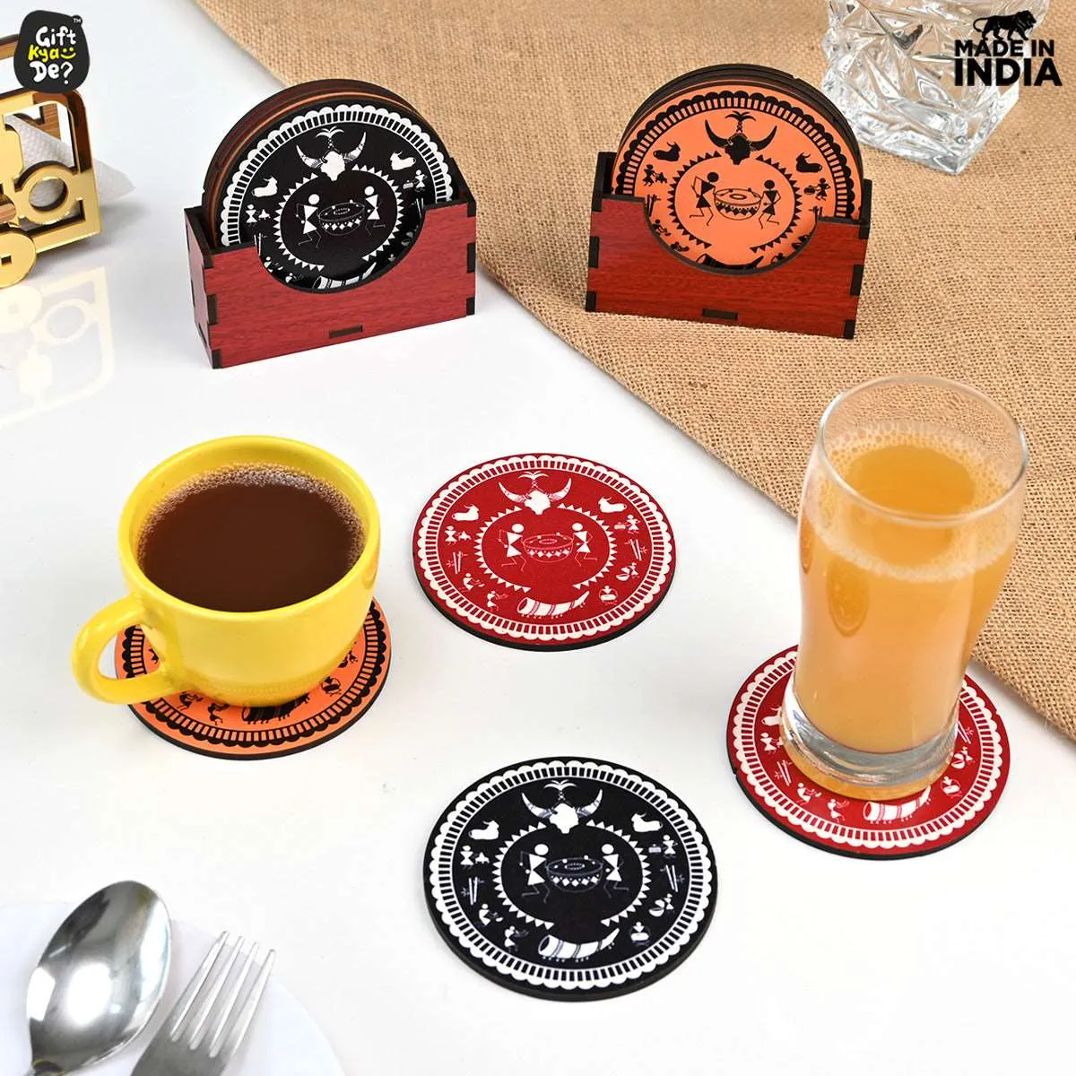 Coaster Set of 12 Beautiful Wooden Coasters with Proper Coaster Stand (Combo Pack) (12 pc 3.5 x 3.5 inch)