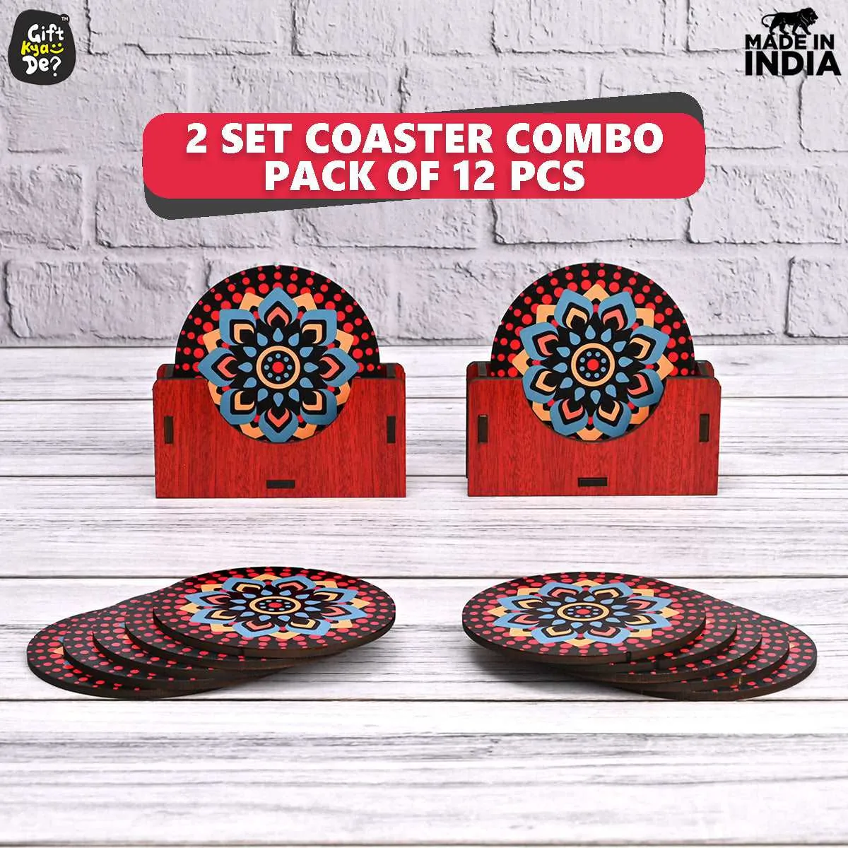 Coaster Set of 12 Beautiful Wooden Coasters with Proper Coaster Stand (Combo Pack) (12 pc 3.5 x 3.5 inch)