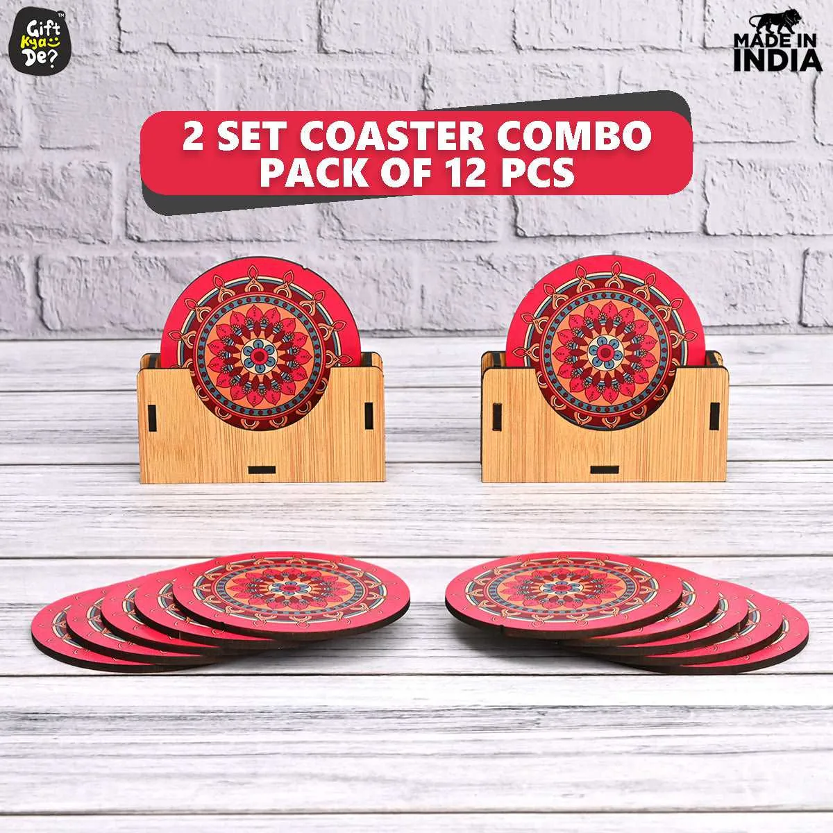 Coaster Set of 12 Beautiful Wooden Coasters with Proper Coaster Stand (Combo Pack) (12 pc 3.5 x 3.5 inch)