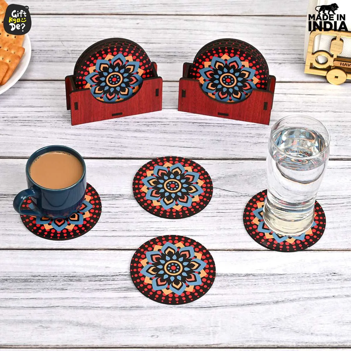 Coaster Set of 12 Beautiful Wooden Coasters with Proper Coaster Stand (Combo Pack) (12 pc 3.5 x 3.5 inch)