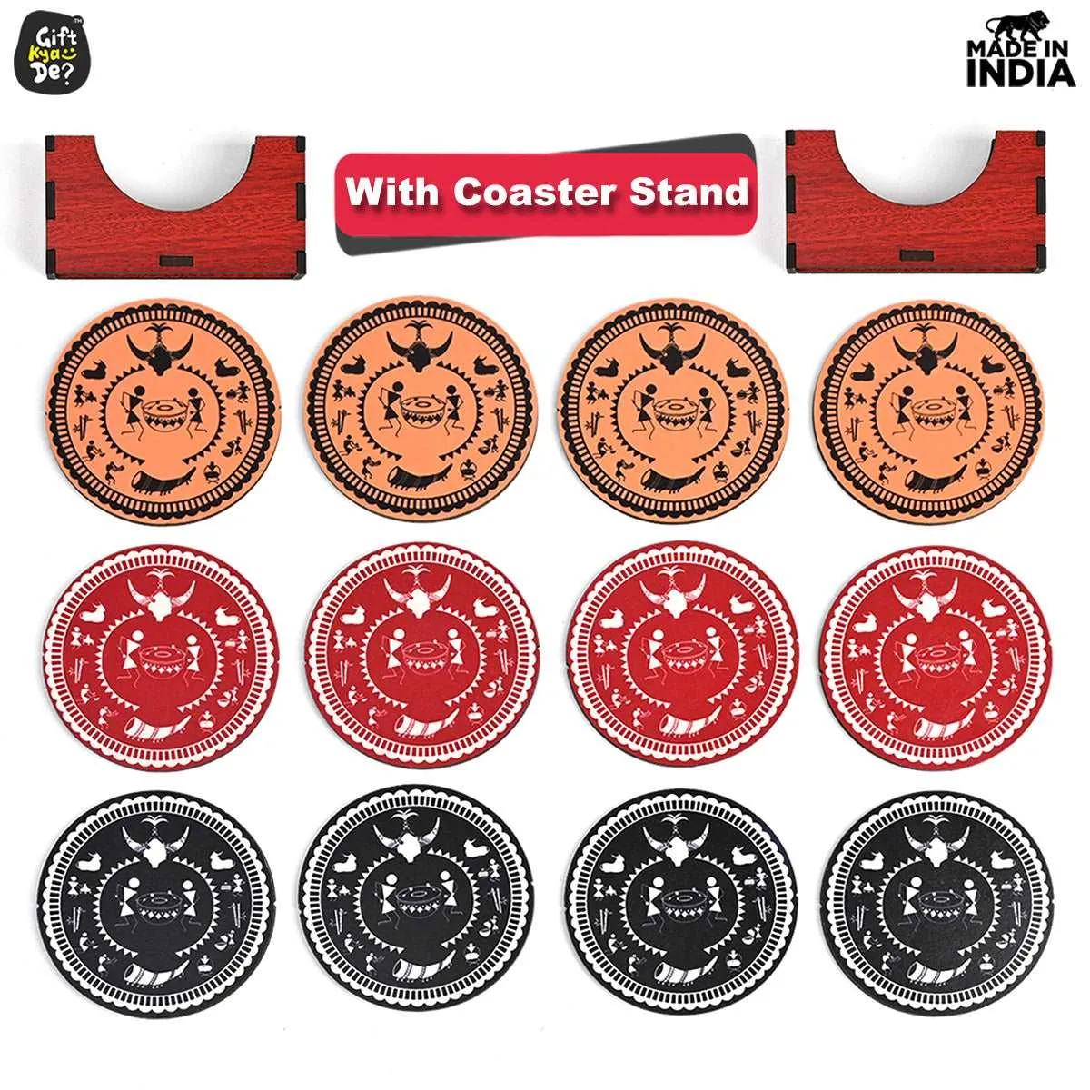 Coaster Set of 12 Beautiful Wooden Coasters with Proper Coaster Stand (Combo Pack) (12 pc 3.5 x 3.5 inch)