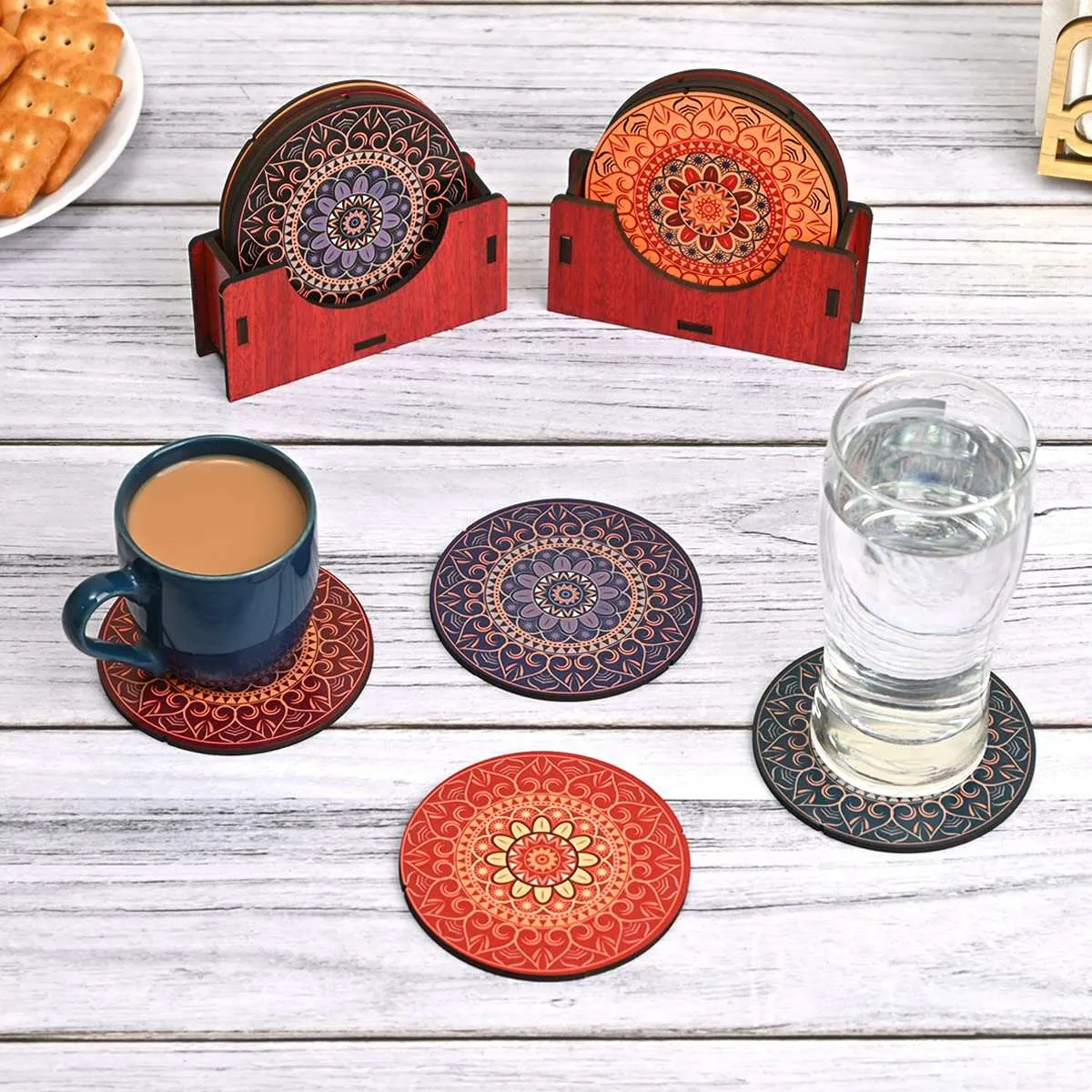 Coaster Set of 12 Beautiful Wooden Coasters with Proper Coaster Stand (Combo Pack) (12 pc 3.5 x 3.5 inch)