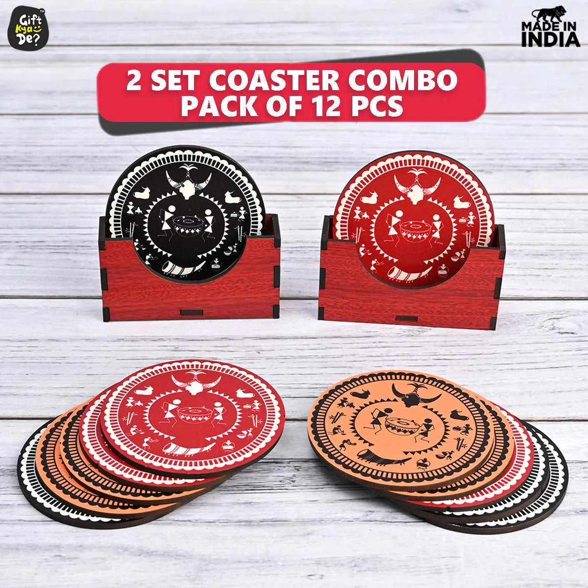 Coaster Set of 12 Beautiful Wooden Coasters with Proper Coaster Stand (Combo Pack) (12 pc 3.5 x 3.5 inch)