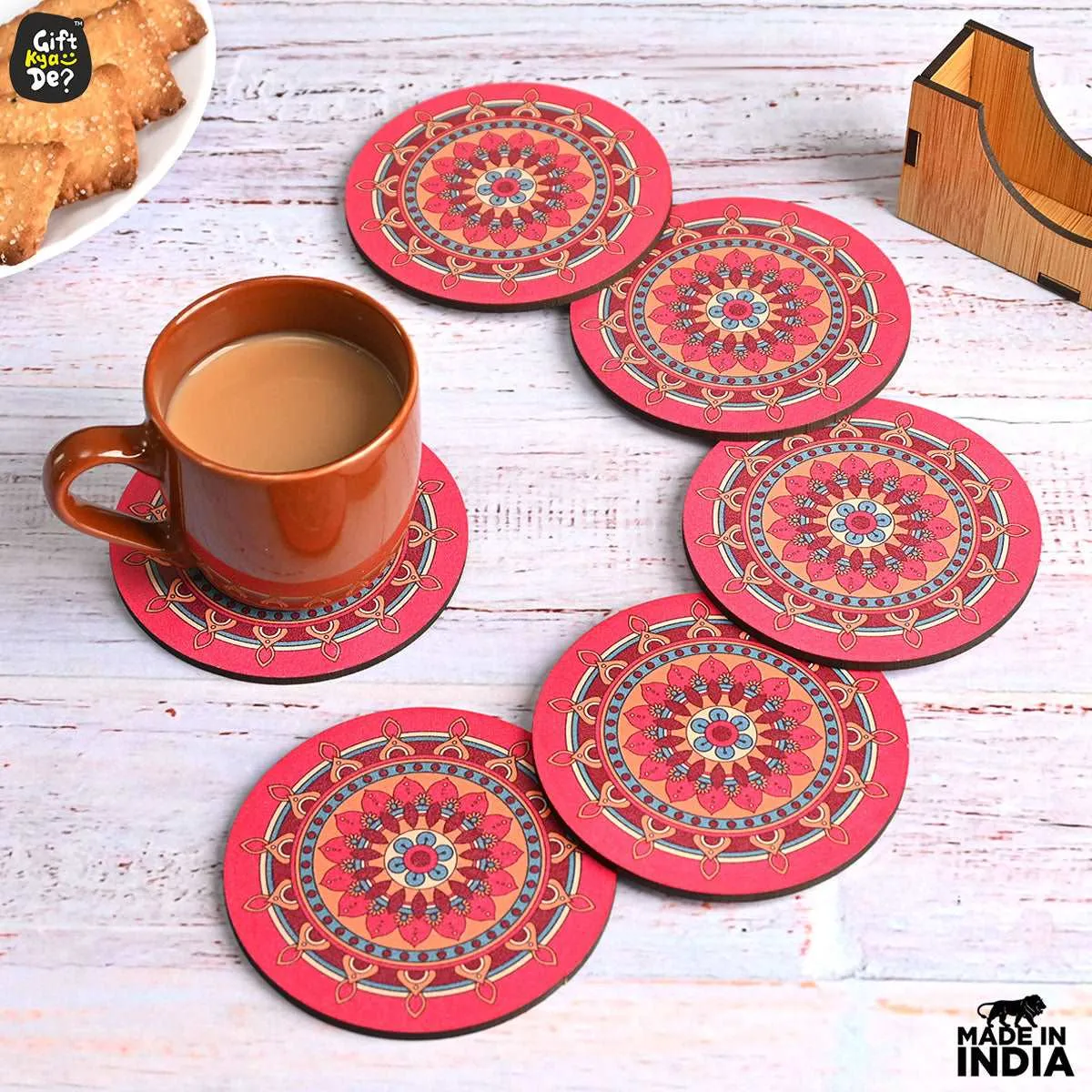 Coaster Set of 12 Beautiful Wooden Coasters with Proper Coaster Stand (Combo Pack) (12 pc 3.5 x 3.5 inch)