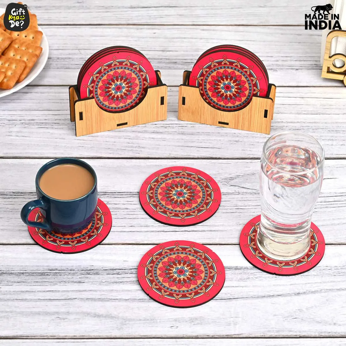 Coaster Set of 12 Beautiful Wooden Coasters with Proper Coaster Stand (Combo Pack) (12 pc 3.5 x 3.5 inch)