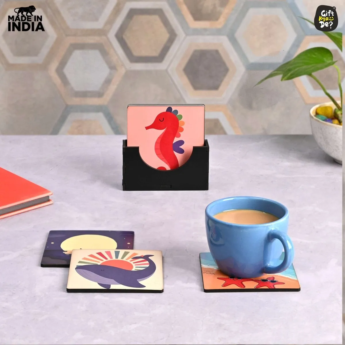 Coaster Set of 4 & 6 Sea Life & Cartoon Design | Wooden Coasters to Serve Tea Cups, Coffee Mugs and Glasses