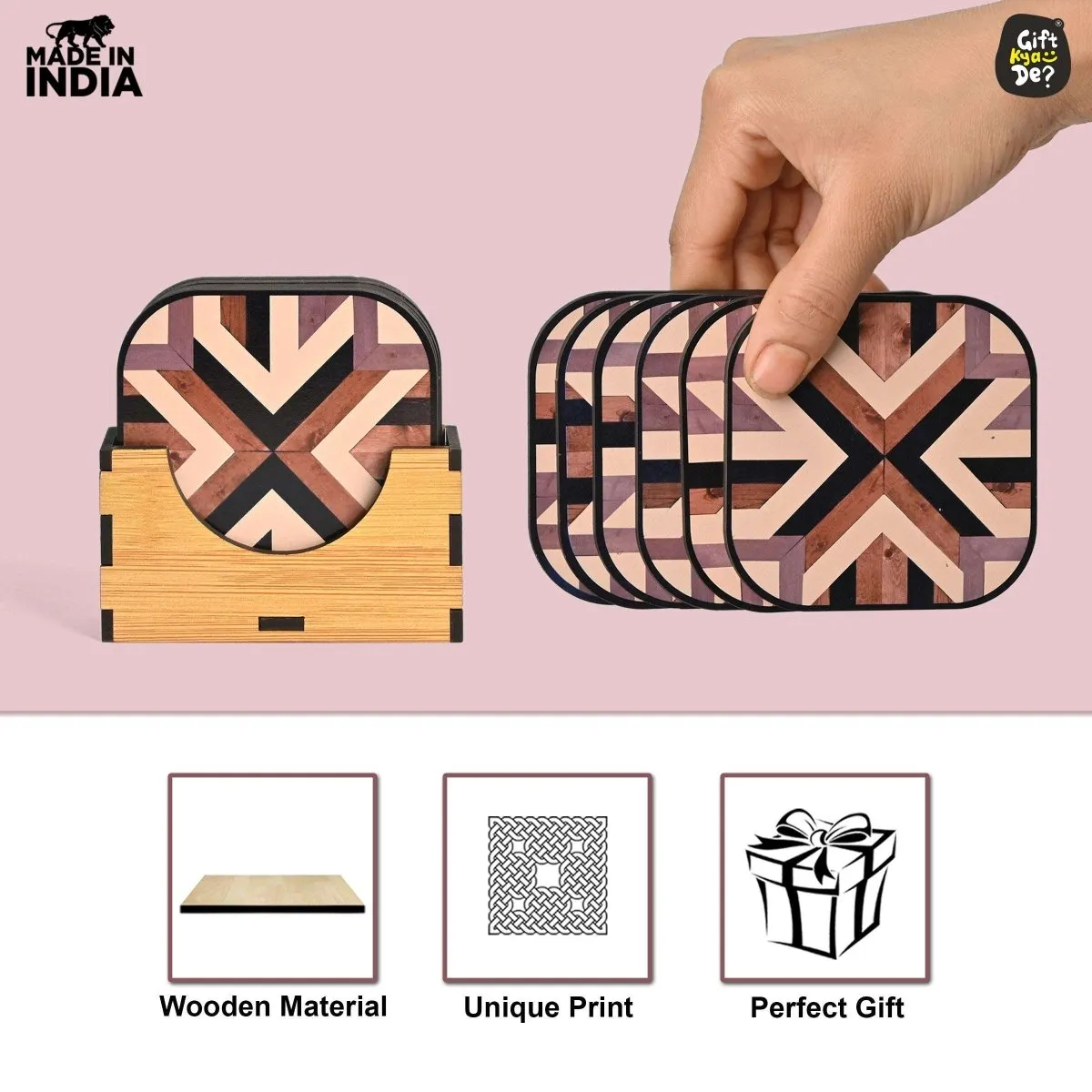 Coaster Set of 6 Chevron Design | Wooden Coasters With Coaster Stand | Kitchen Accessories (Ecofriendly)