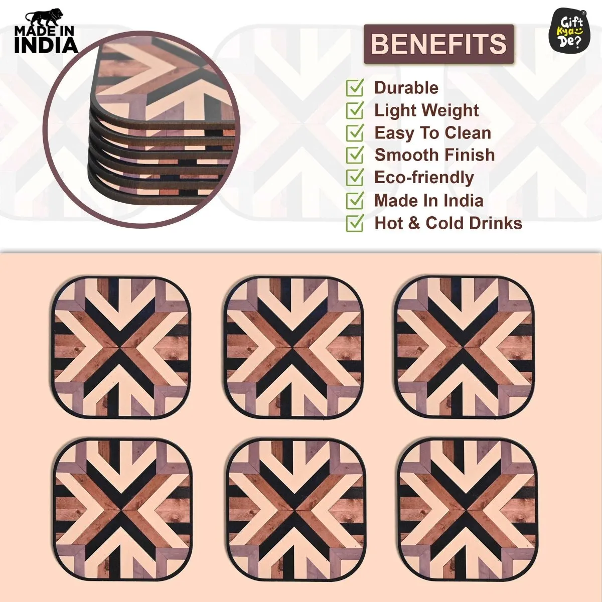 Coaster Set of 6 Chevron Design | Wooden Coasters With Coaster Stand | Kitchen Accessories (Ecofriendly)