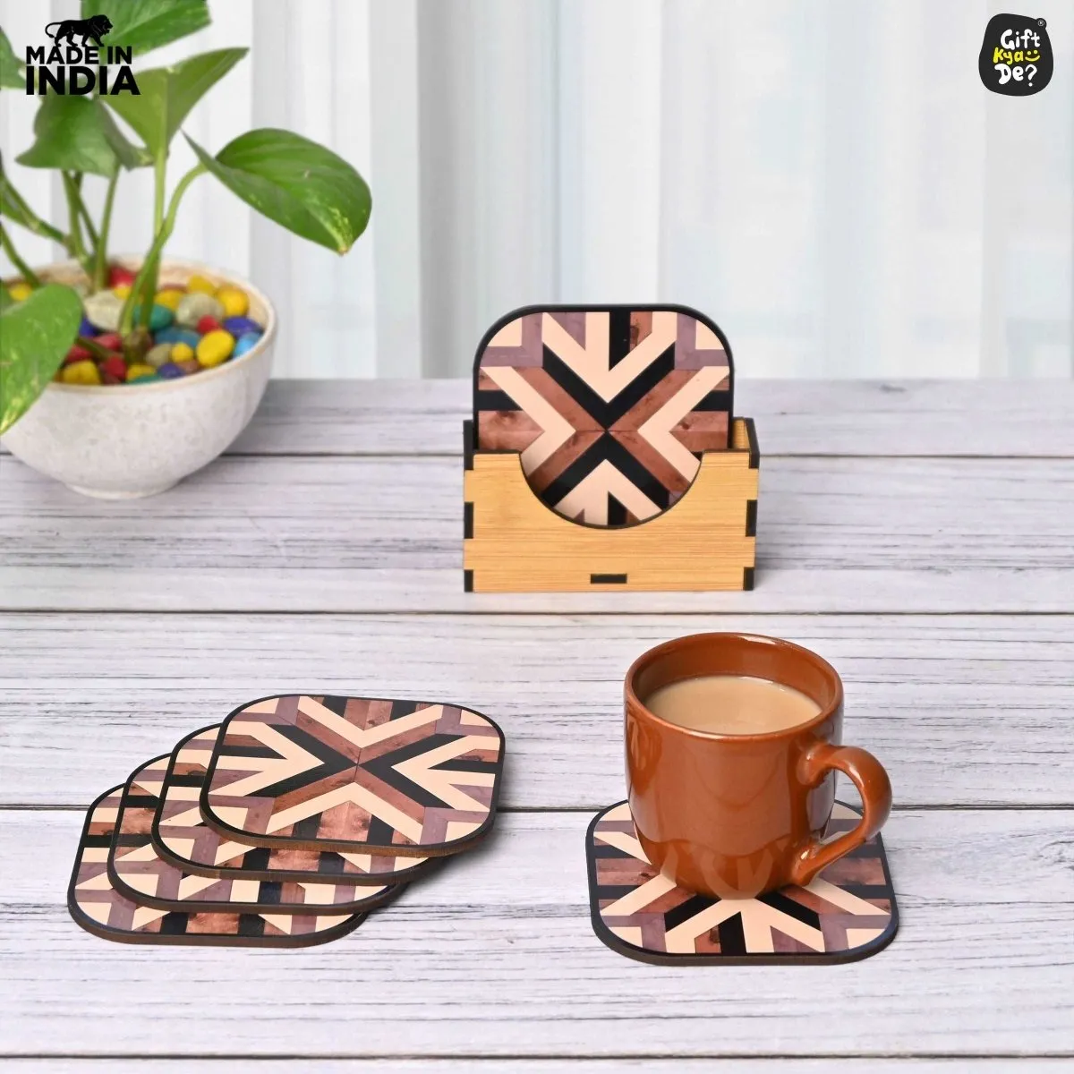 Coaster Set of 6 Chevron Design | Wooden Coasters With Coaster Stand | Kitchen Accessories (Ecofriendly)