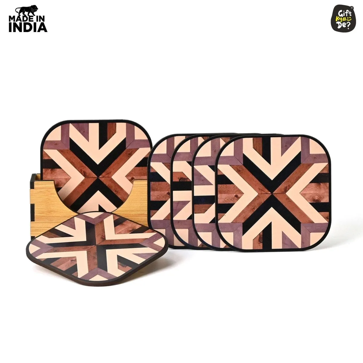 Coaster Set of 6 Chevron Design | Wooden Coasters With Coaster Stand | Kitchen Accessories (Ecofriendly)