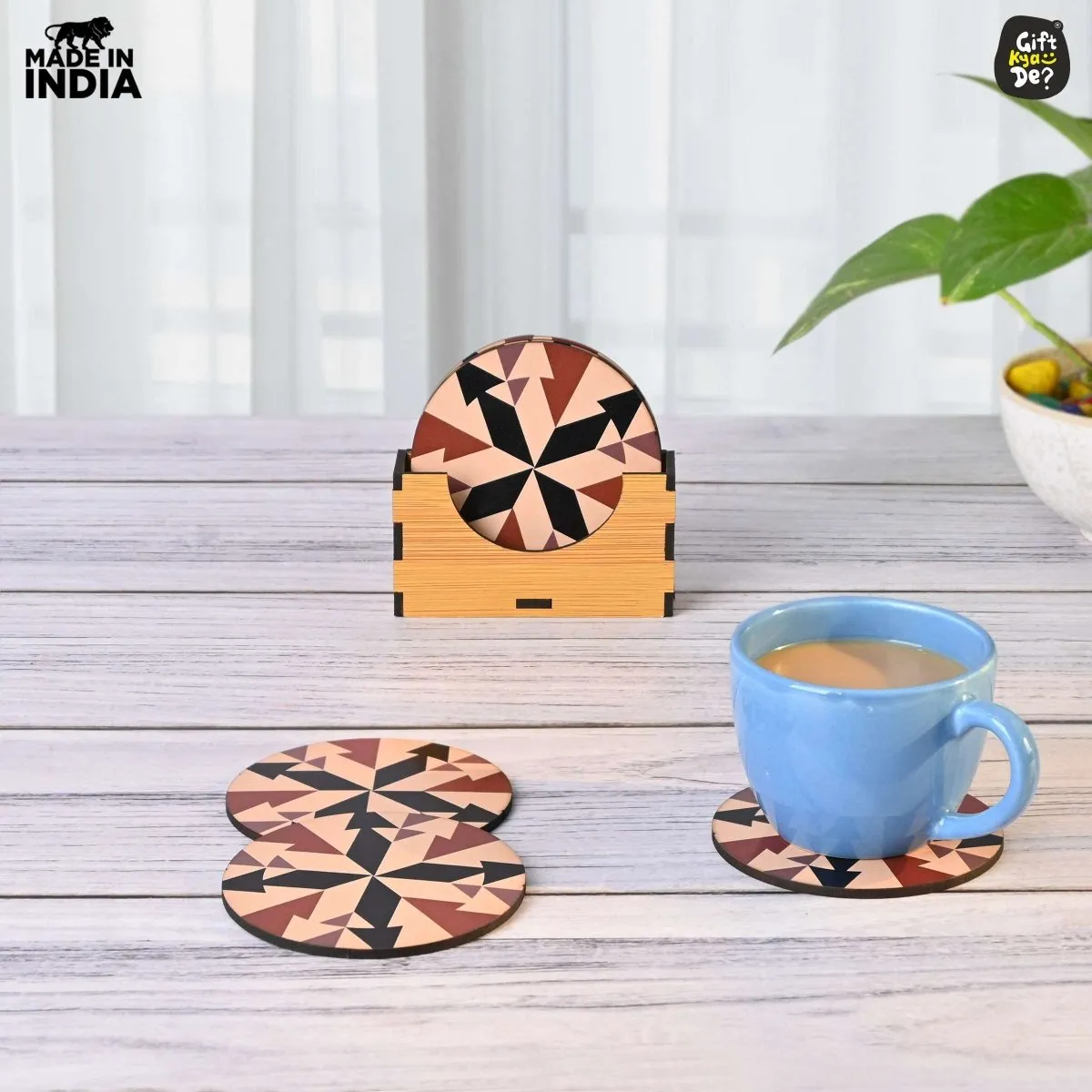 Coaster Set of 6 Chevron Design | Wooden Coasters With Coaster Stand | Kitchen Accessories (Ecofriendly)