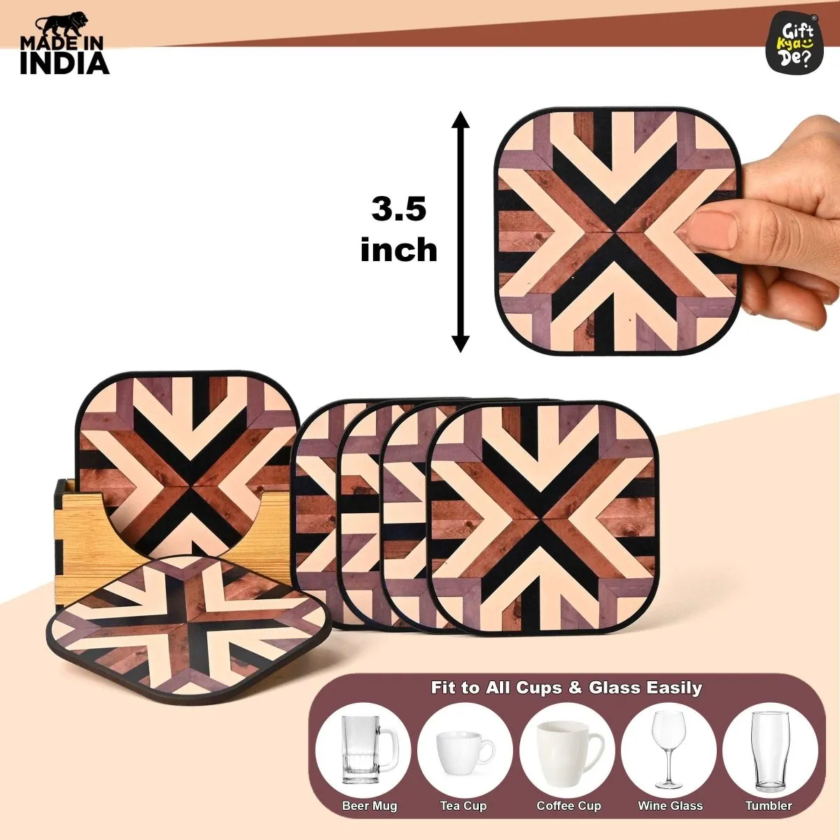 Coaster Set of 6 Chevron Design | Wooden Coasters With Coaster Stand | Kitchen Accessories (Ecofriendly)