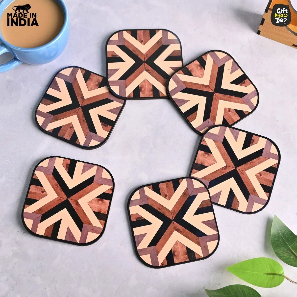 Coaster Set of 6 Chevron Design | Wooden Coasters With Coaster Stand | Kitchen Accessories (Ecofriendly)
