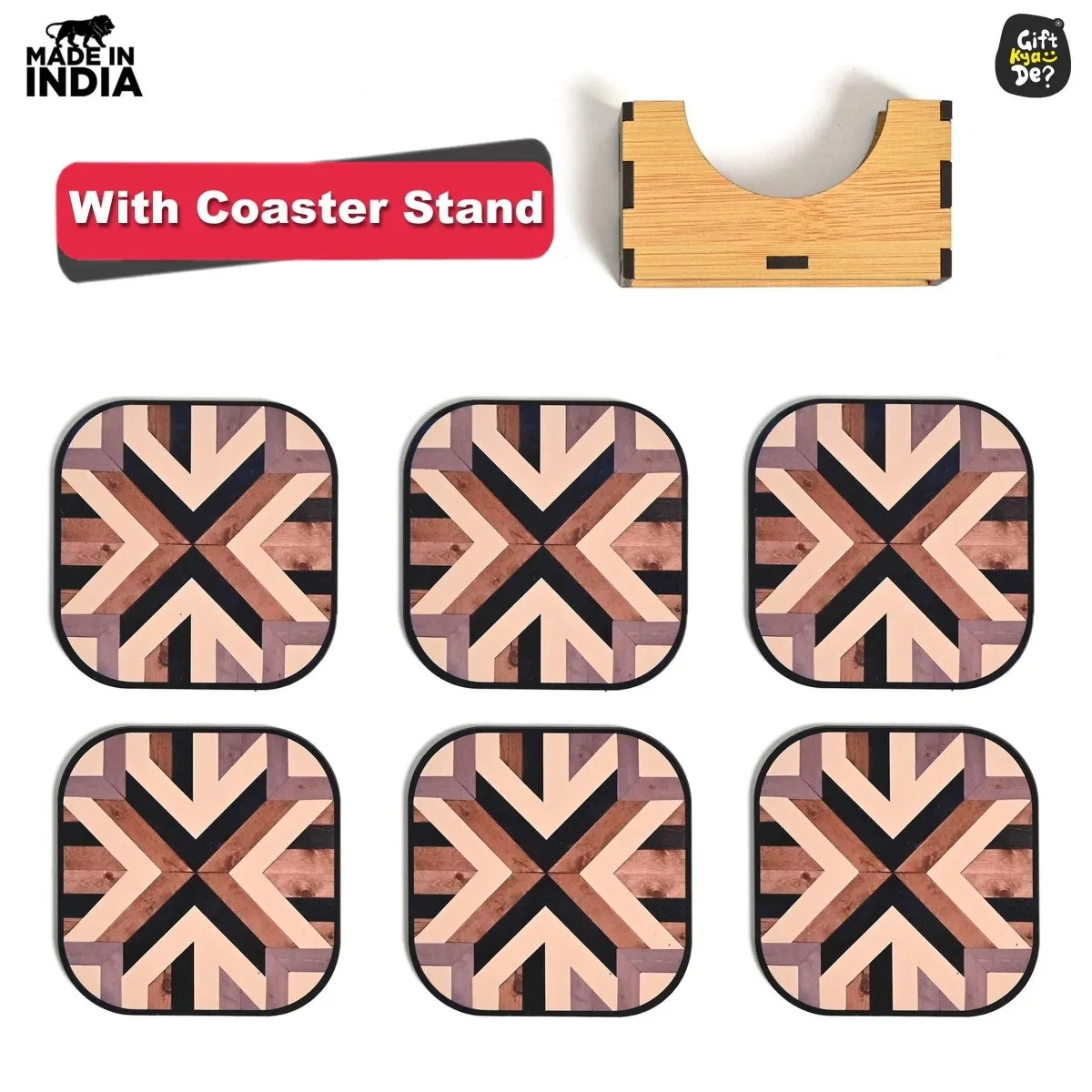Coaster Set of 6 Chevron Design | Wooden Coasters With Coaster Stand | Kitchen Accessories (Ecofriendly)
