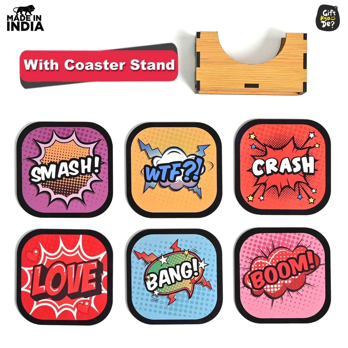 Coaster Set of 6 Doodle & Emotive Design | Wooden Coasters With Coaster Stand | Kitchen Accessories (Ecofriendly)
