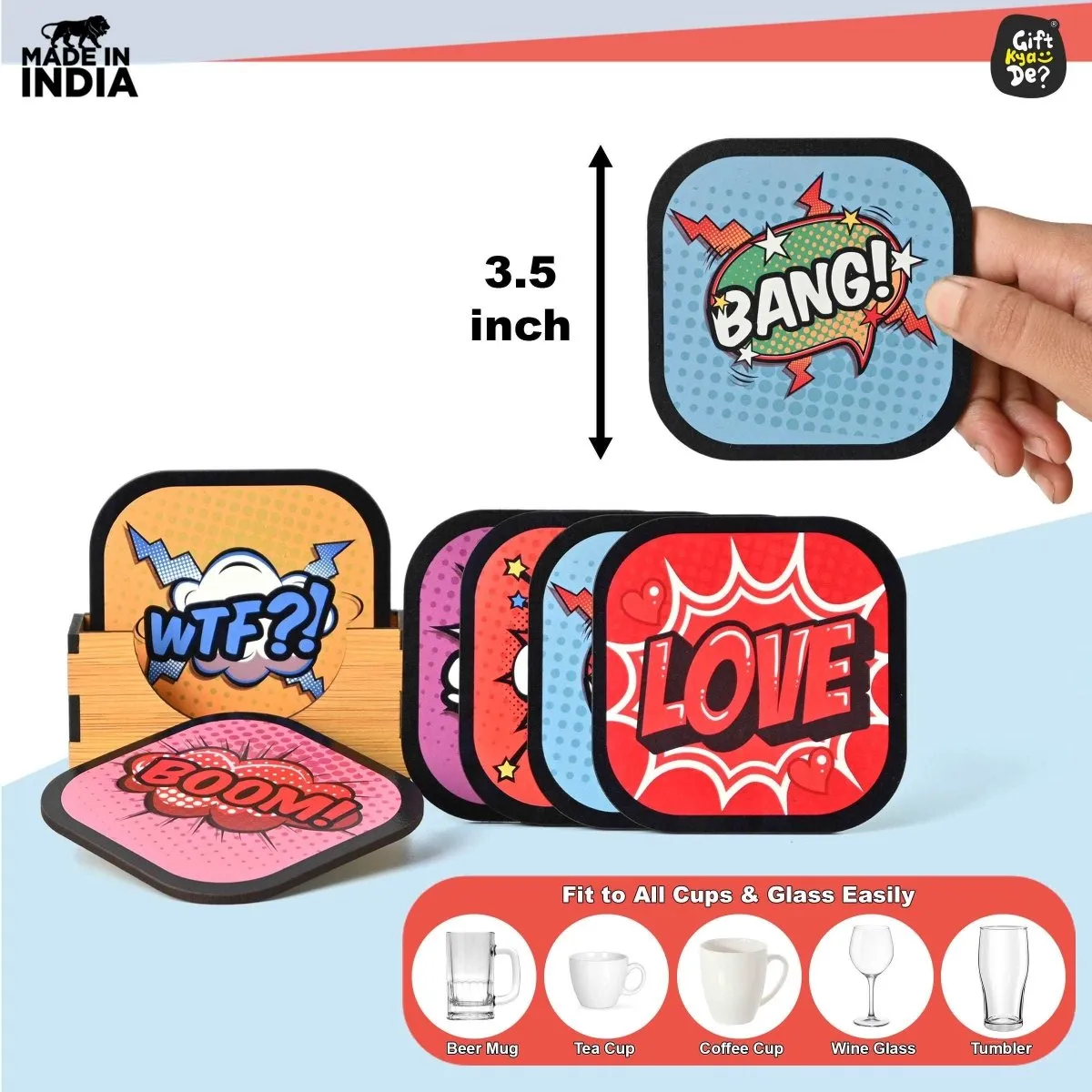 Coaster Set of 6 Doodle & Emotive Design | Wooden Coasters With Coaster Stand | Kitchen Accessories (Ecofriendly)