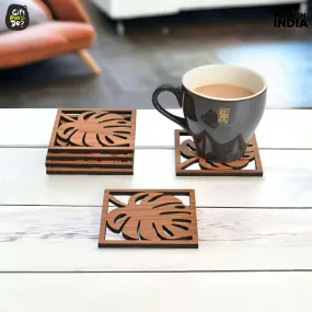 Coaster Set of 6 Leaf Cutwork Design | Wooden Coasters to Serve Tea Cups, Coffee Mugs and Glasses