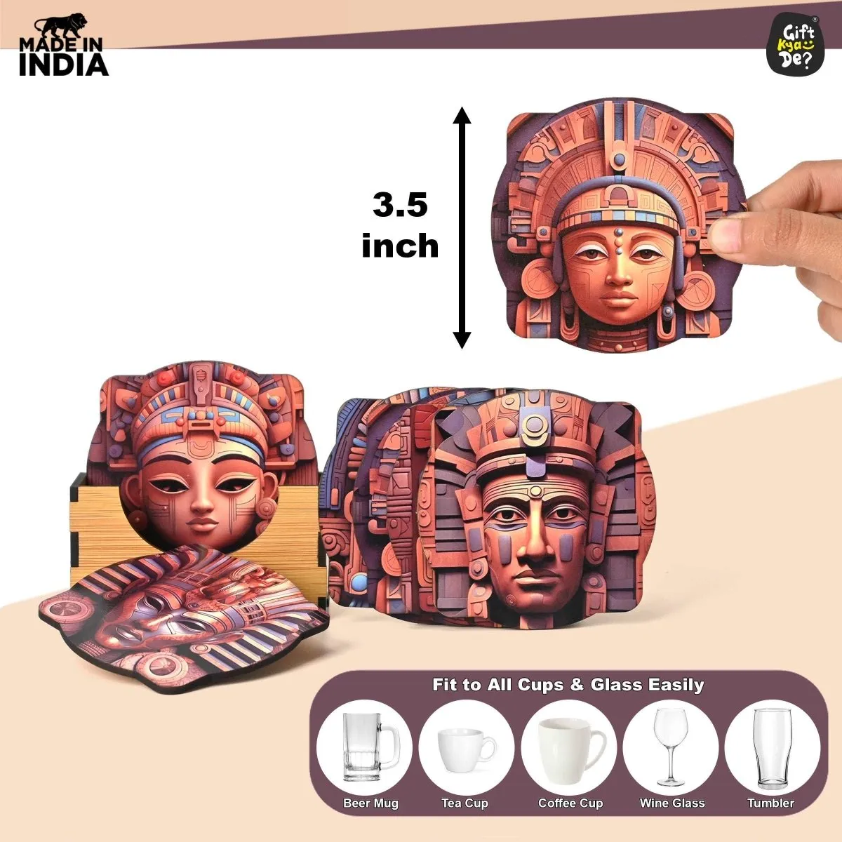 Coaster Set of 6 Mayan Art & Astronaut Design | Wooden Coasters to Serve Tea Cups, Coffee Mugs and Glasses