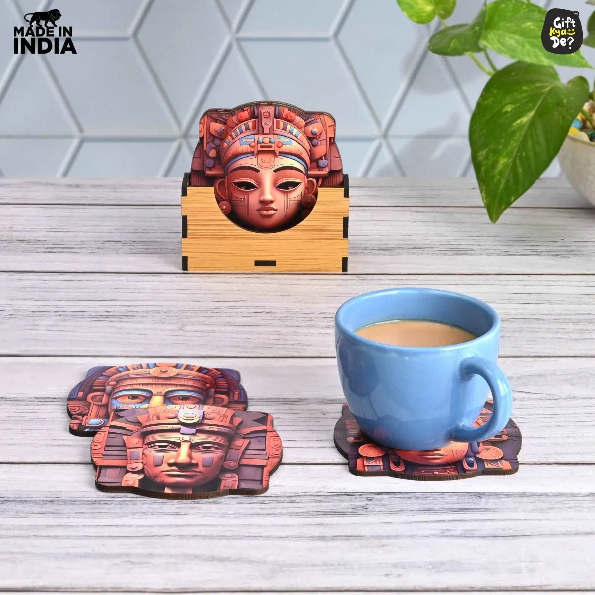 Coaster Set of 6 Mayan Art & Astronaut Design | Wooden Coasters to Serve Tea Cups, Coffee Mugs and Glasses