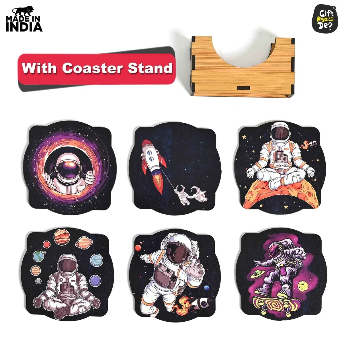 Coaster Set of 6 Mayan Art & Astronaut Design | Wooden Coasters to Serve Tea Cups, Coffee Mugs and Glasses