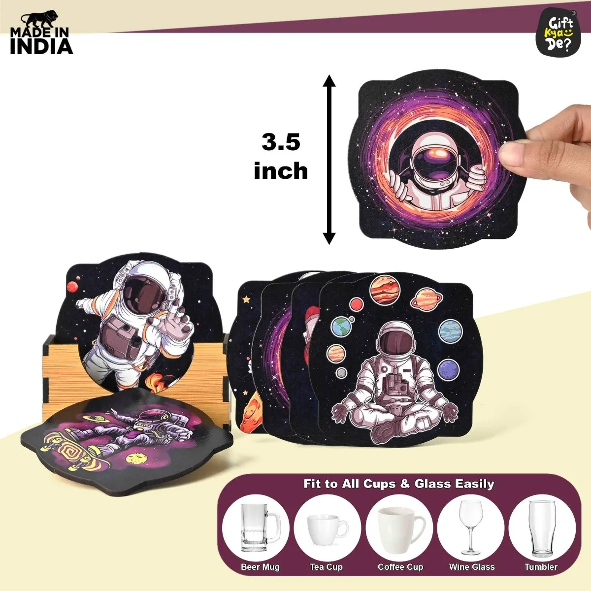 Coaster Set of 6 Mayan Art & Astronaut Design | Wooden Coasters to Serve Tea Cups, Coffee Mugs and Glasses