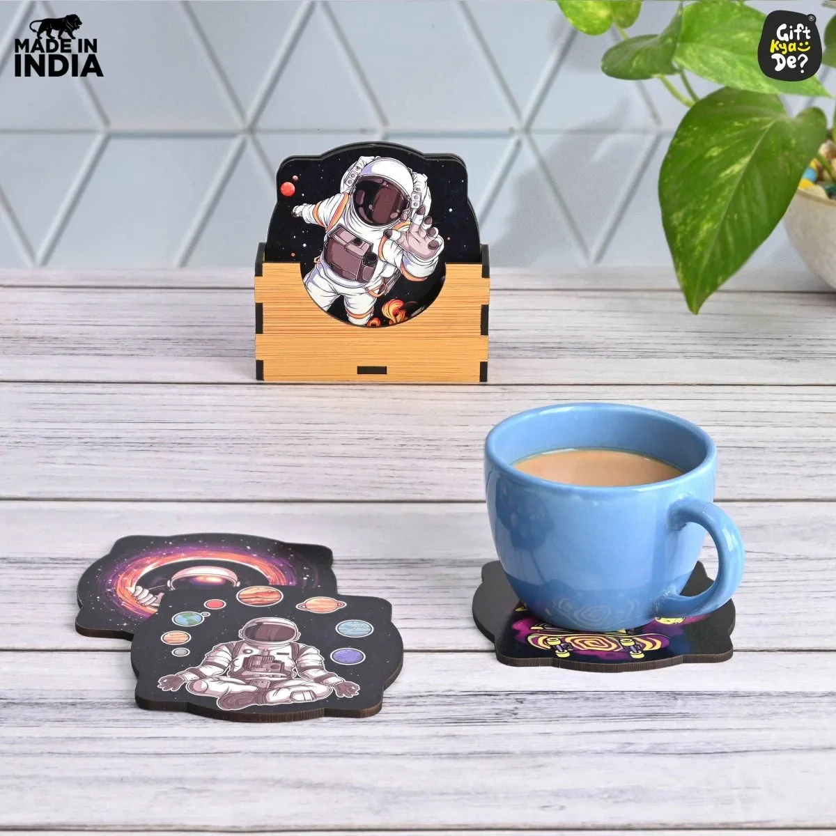 Coaster Set of 6 Mayan Art & Astronaut Design | Wooden Coasters to Serve Tea Cups, Coffee Mugs and Glasses