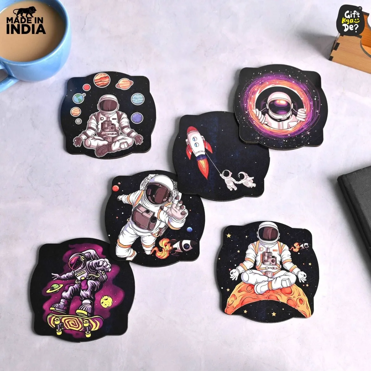 Coaster Set of 6 Mayan Art & Astronaut Design | Wooden Coasters to Serve Tea Cups, Coffee Mugs and Glasses