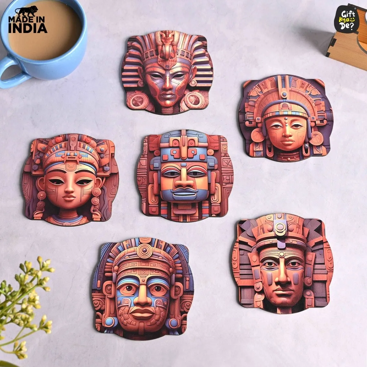 Coaster Set of 6 Mayan Art & Astronaut Design | Wooden Coasters to Serve Tea Cups, Coffee Mugs and Glasses