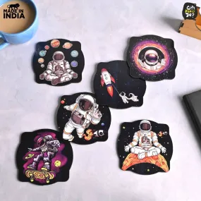 Coaster Set of 6 Mayan Art & Astronaut Design | Wooden Coasters to Serve Tea Cups, Coffee Mugs and Glasses