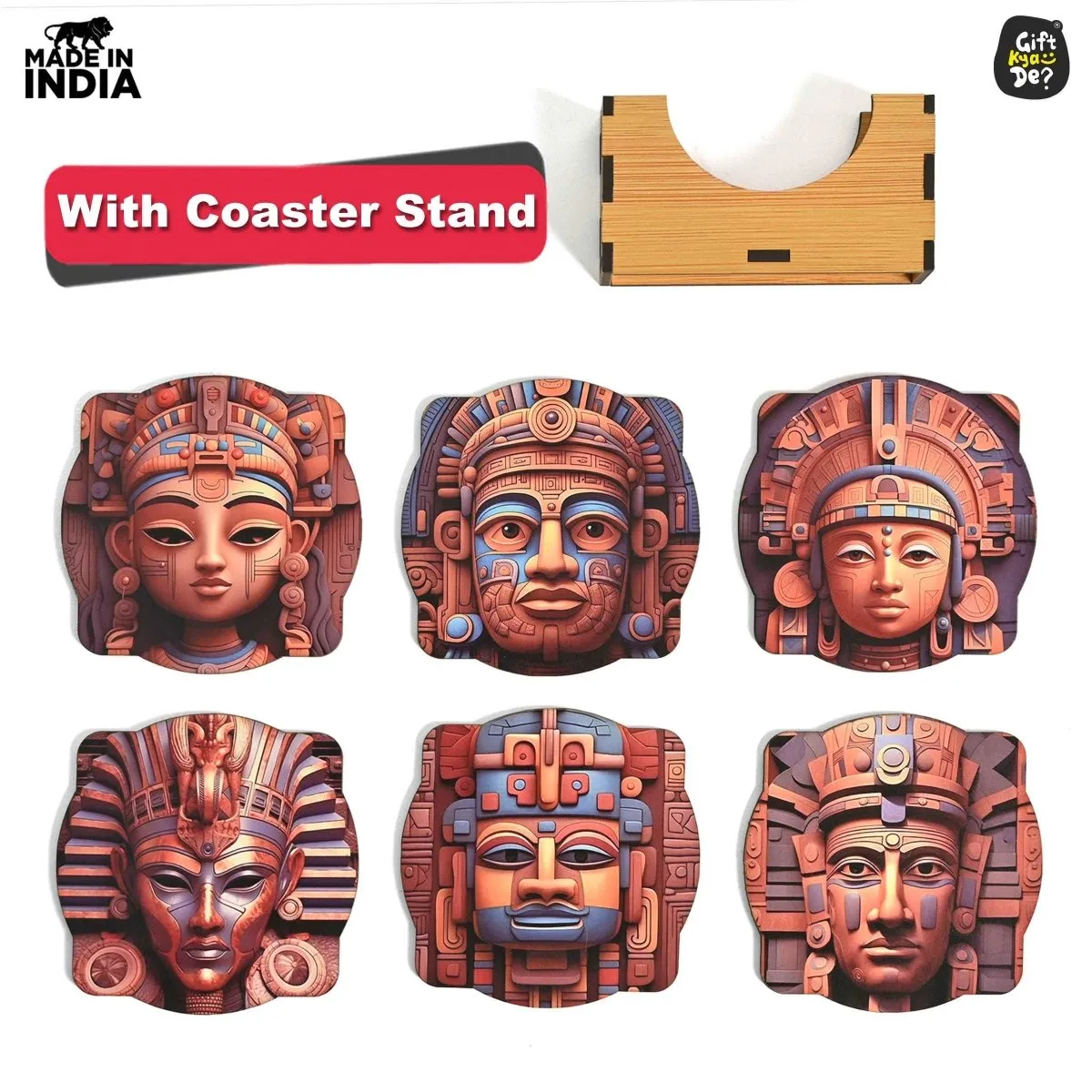 Coaster Set of 6 Mayan Art & Astronaut Design | Wooden Coasters to Serve Tea Cups, Coffee Mugs and Glasses