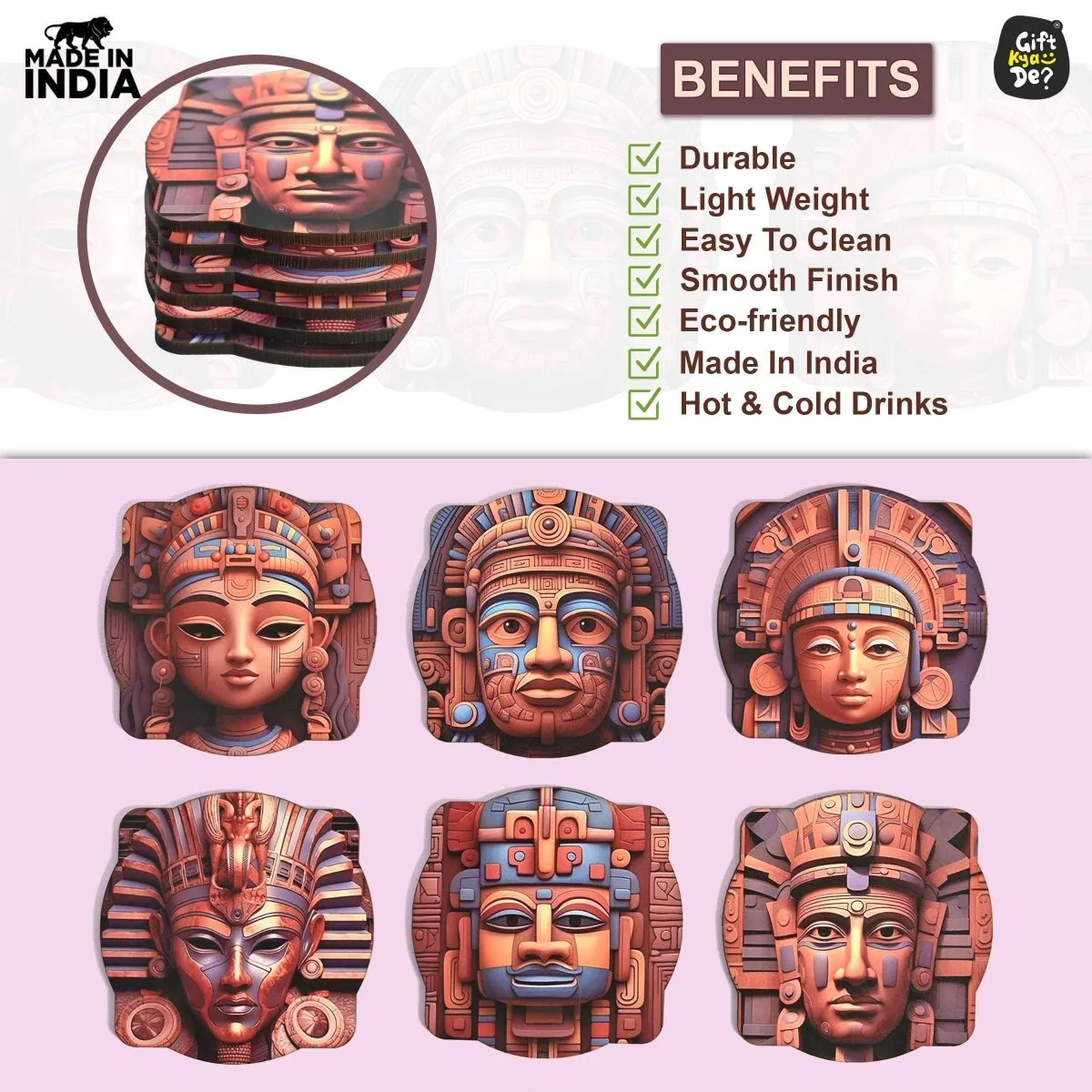 Coaster Set of 6 Mayan Art & Astronaut Design | Wooden Coasters to Serve Tea Cups, Coffee Mugs and Glasses