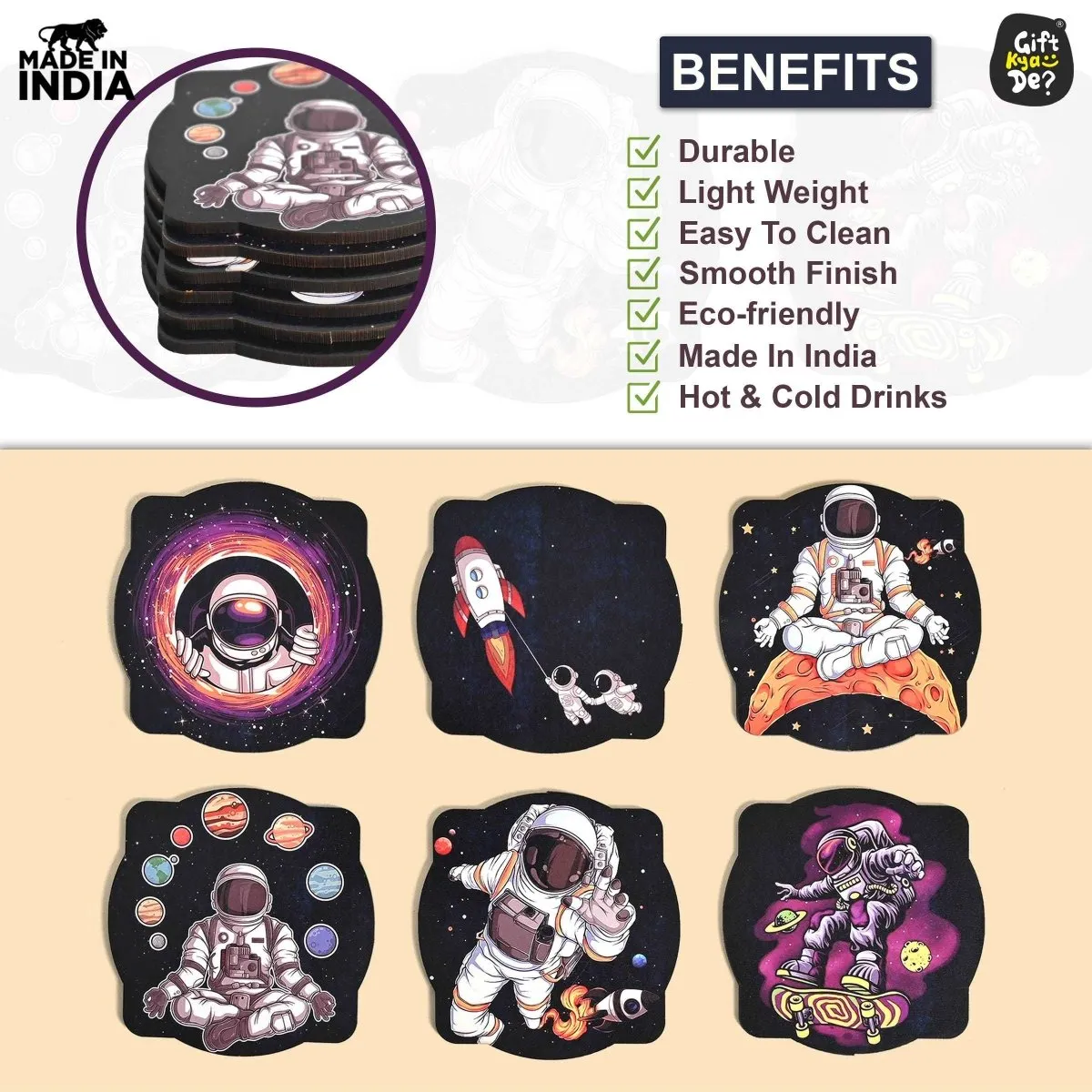Coaster Set of 6 Mayan Art & Astronaut Design | Wooden Coasters to Serve Tea Cups, Coffee Mugs and Glasses